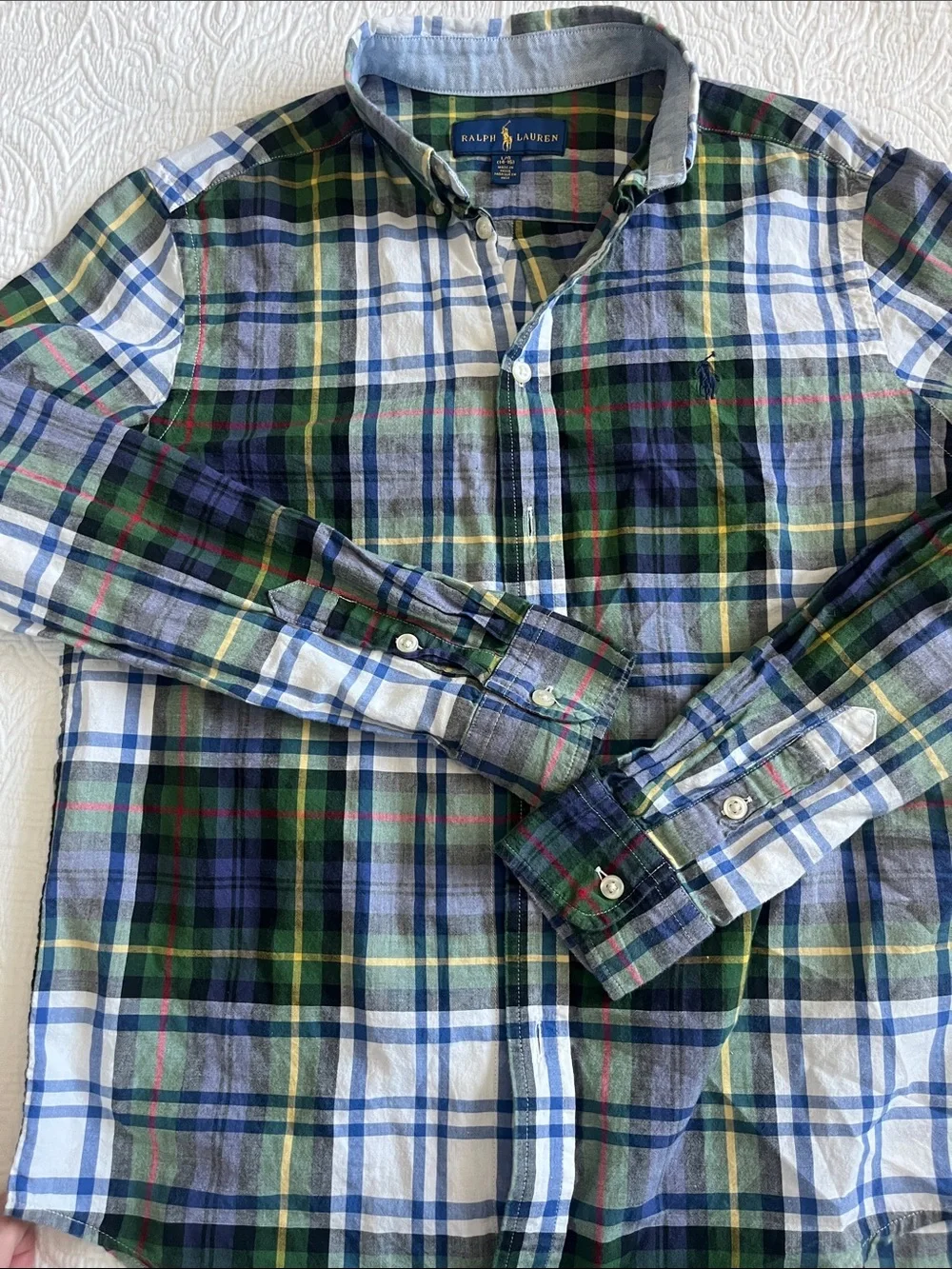 Ralph Lauren Green, Blue and White Plaid Button-Down Shirt Boys large 14/16